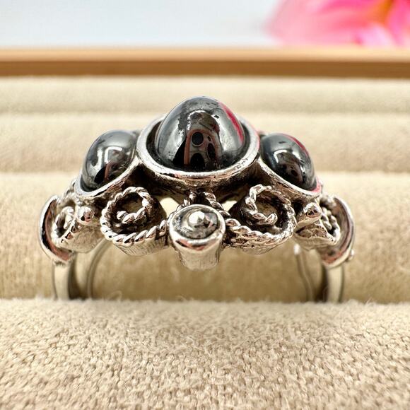 Vintage Avon Midnight Splendor Faux? Hematite Ring Crystals Opulent Ornate 1972 - Picture 7 of 15